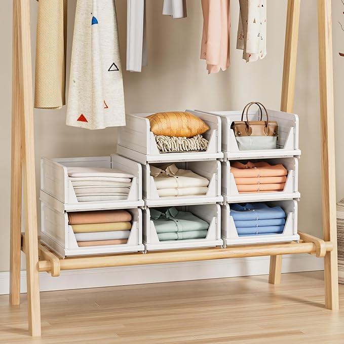 6 Pack Stackable Closet Storage Basket - Stackable Storage Bins, Multifunctional & Foldable Closet Organizer, Wardrobe Storage Space-Saving Clothes Storage Drawer Organizer, White-CasaMuseHome