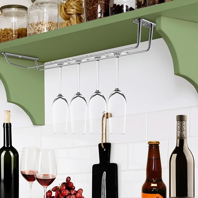 5 Pack Wine Glass Rack Stainless Steel Wine Glass Holder, 14inch Hanging Stemware Rack for Bar Kitchen Cabinet-CasaMuseHome