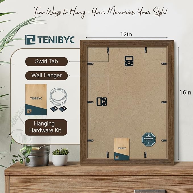 12x16 Picture Frame 3 pk, Brown Woodgrain, HD Tempered Glass, Wall Gallery Frame-CasaMuseHome