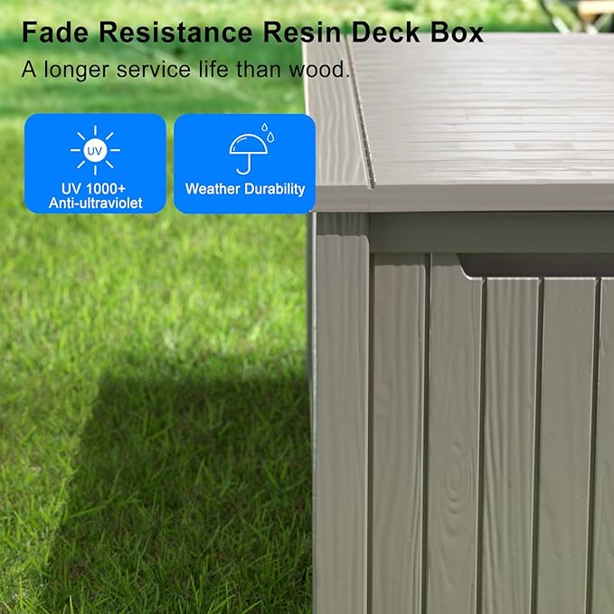 150 Gallon Deck Box,Resin Outdoor Storage Box with Lockable for Patio Furniture, Pool Accessories, Garden Tools Waterproof Outside Storage Box, Grey-CasaMuseHome