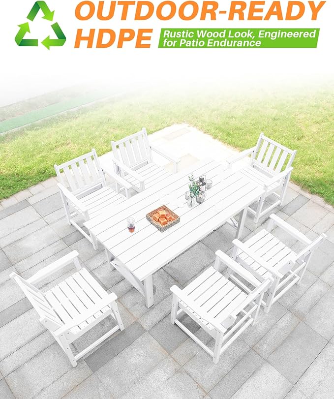 7 Pieces HDPE Outdoor Dining Set, Patio Dining Set with Umbrella Hole, All Weather Outdoor Dining Table Sets for 6, HDPE Patio Furniture Sets for Deck, Backyard, Lawn, and Poolside, Pearl-CasaMuseHome