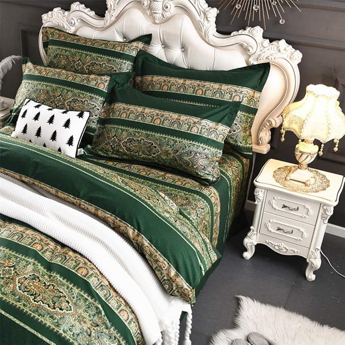 ABREEZE Bohemian Vintage Full Size Floral Cotton Bedding Set 3Pcs Duvet Cover Set Boho Green Paisley 100% Egyptian Brushed Cotton Reversible Home Bedding Collection-CasaMuseHome