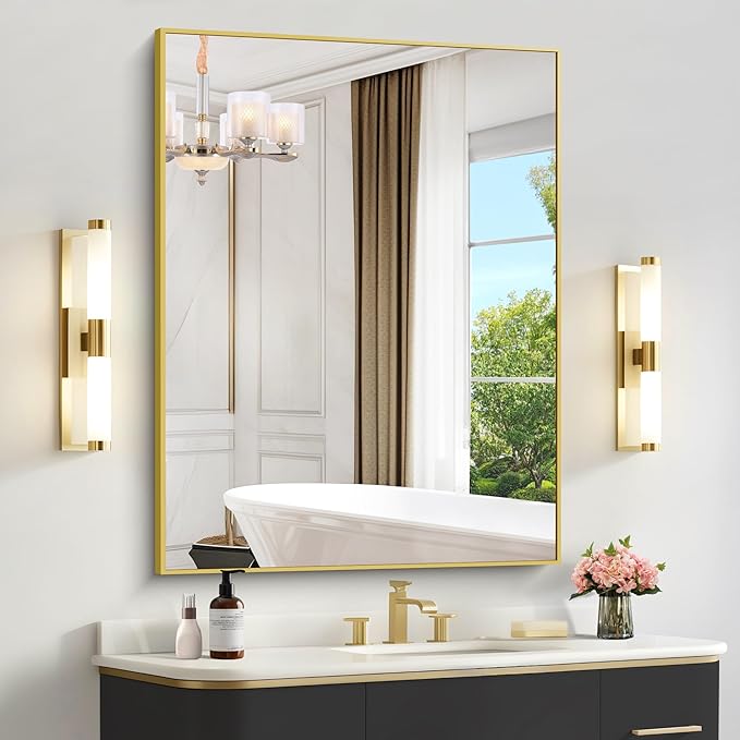 36x48inch Bathroom Mirror, Gold Rectangle Mirror with Thin Metal Frame, Large Rectangular Wall Mirrors for Bathroom, Living Room, Hair Salon, Big Farmhouse Mirror Hang Horizontal/Vertical-CasaMuseHome