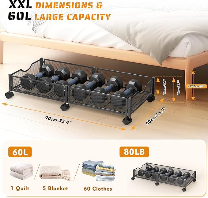 2 Pack Under Bed Storage with Wheels, 36" Lengthen Underbed Storage Containers with Lids, Large Capacity Under Bed Shoe Storage, Metal Clothes Organizer, Storage Box for Clothing Shoes Blankets Sheet-CasaMuseHome
