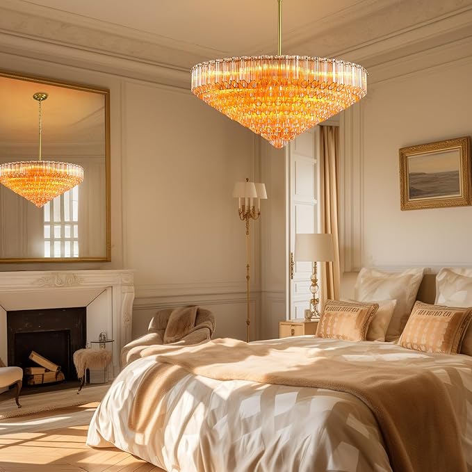 30" Modern Dining Room Chandeliers, 13-Light Amber Crystal Chandeliers, Dimmable Blown Glass Chandelier for Living Room, Round Glod Large Chandelier for High Ceiling, Bedroom, Entryway, Staircase-CasaMuseHome