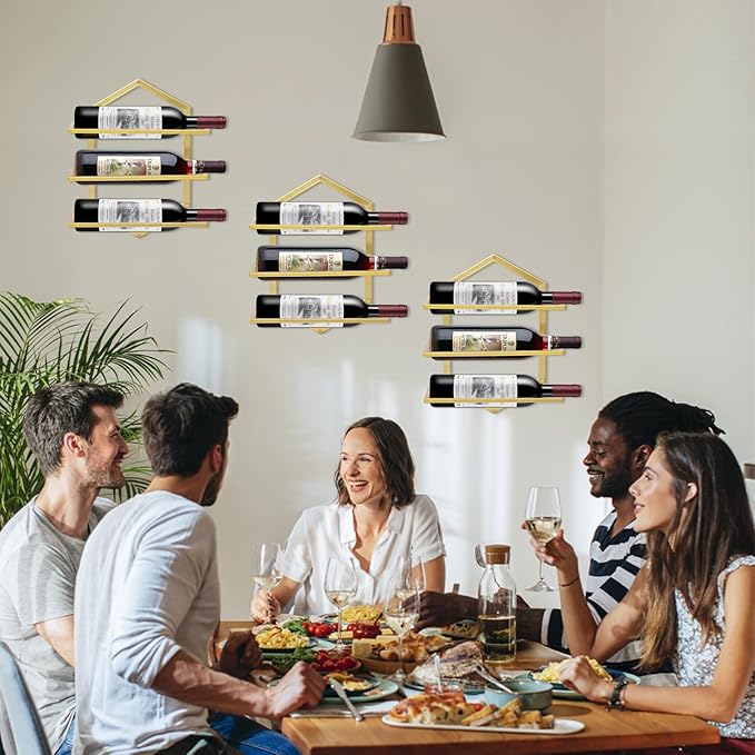 2Pcs Wall Mounted Wine Stemware Rack, Metal Hanging Wine Glass Display Holde Holds 3 Bottles, Elegant Storage for Kitchen Dining Room Bar Wine Cellar (Gold)-CasaMuseHome
