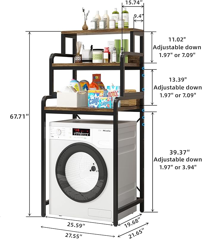 3-Tier Bathroom Room Shelf Washing Machine Storage Utility Rack Over The Toilet Washer Dryer Storage Bathroom Organizer Rack Space Saving Shelving Units Clothes Dryers Shelf-CasaMuseHome