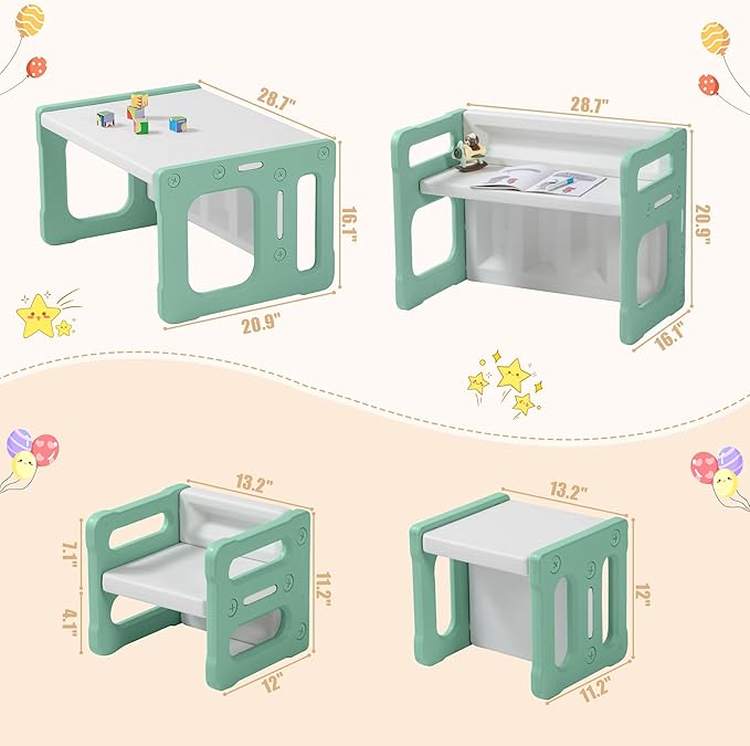 3 in 1 Montessori Weaning Table and 2 Chairs Set, Kids Activity Table Set, 2 Height Levels, Toddlers Activity Table for Drawing, Dining, Reading and Playing, Green-CasaMuseHome