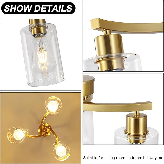 3-Light Gold Dining Room Chandeliers Over Table, Contemporary Kitchen Island Pendant Lighting, Industrial Hanging Light Fixture for Entryway Hallway Foyer Bedroom, Clear Glass Shade-CasaMuseHome