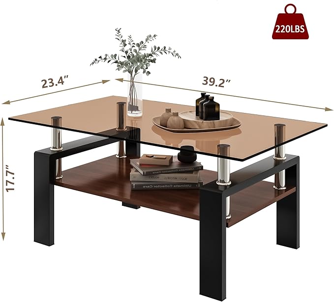 39" Brown Glass Coffee Table Walnut Modern Living Room Center Table Rectangle, with Wooden MDF Storage Layer, Black Metal Leg, for Small Apartment and Office, Brown-CasaMuseHome