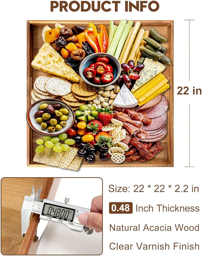 22 Inches Square Acacia Wood Ottoman Tray, Extra Large Wooden Serving Tray with Handles for Living Room, Serving Food Breakfast, Ottoman Coffee Table Couch Sofa Kitchen-CasaMuseHome