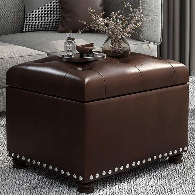 24'' Leather Storage Ottoman Rectangular Foot Rest Stool with Nailhead Trim for Bedroom Living Room(Dark Brown)-CasaMuseHome