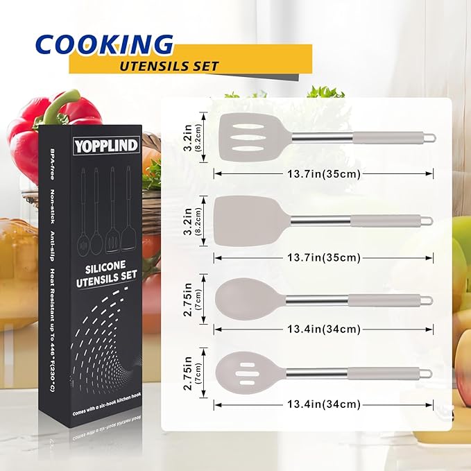 5-Piece Silicone Kitchen Tool Set, BPA-Free, Heat-Resistant, Non-Stick & Dishwasher-Safe, with Slotted/Solid Spoons & Spatulas for Frying, Mixing, Draining – Includes Multi-Purpose Serving Hook(Khaki)-CasaMuseHome