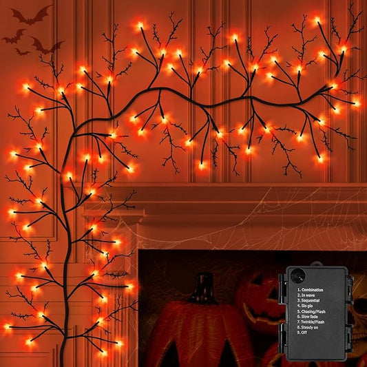 7 Ft Halloween Decorations Willow Vine Twig Garland with 8 Modes Timer 63 LED Orange Lights, Halloween Garland with Waterproof Battery Operated for Wall Fireplace Decorations Indoor Outdoor-CasaMuseHome