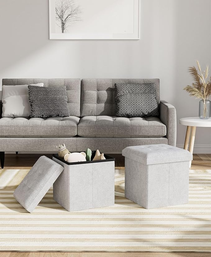 15 Inches Small Folding Storage Ottoman Cube, Storage Footrest, Foot Rest Stool, for Living Room, Bedroom, Dorm, Hallway, Entryway, Light Gray-CasaMuseHome