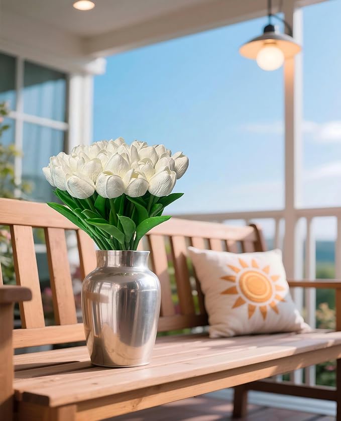 15pcs White Tulips PU Artificial Flowers Real Touch Fake Tulips for Spring Easter Home Kitchen Wedding Bouquet Bulk Mother's Gift Day Decorations-CasaMuseHome