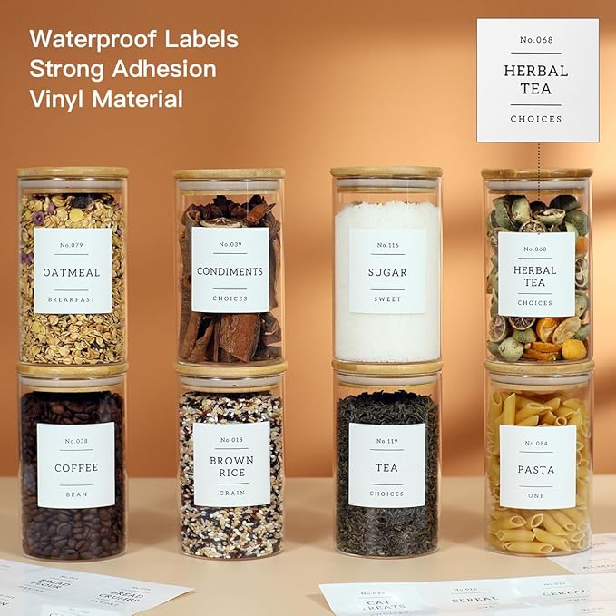 8 Pack Glass Jar with Airtight Bamboo Lid and White 132 Kichen Pantry Labels Preprinted - 21 Oz Clear Round Glass Food Storage Containers set For Tea Coffee Sugar Spice-CasaMuseHome