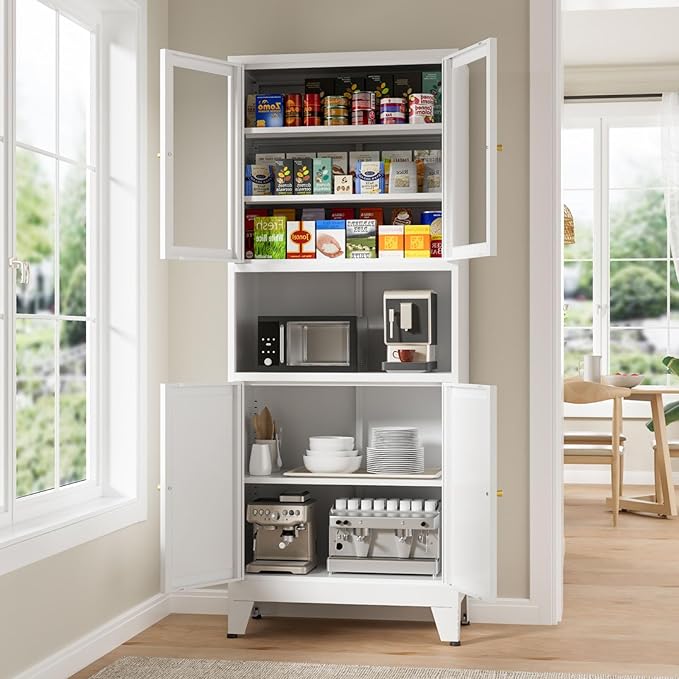 69" Tall Pantry Cabinet, Kitchen Storage Cabinet with 2 Glass Doors and Adjustbale Shelves, Freestanding Metal Cupboards for Dining Room, Living Room, Bathroom-CasaMuseHome