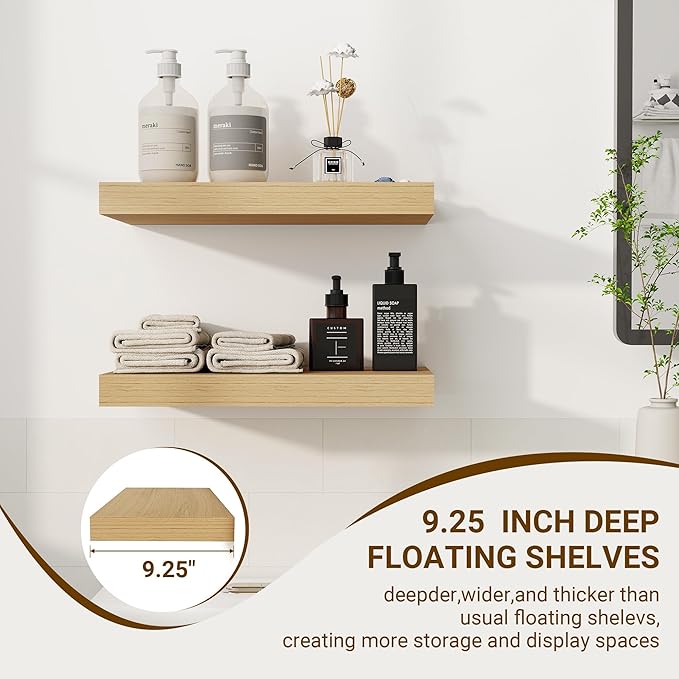 16 Inch Floating Shelves, 3D Textured Wood Grain, 16"x9.25"x1.5" Inch Deep Floating Shelves for Wall, Wooden Shelves for Bathroom, Bedroom, Living Room, Natural-CasaMuseHome