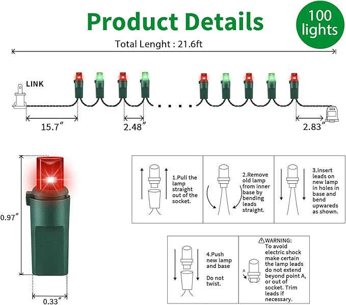 100 Count Red and Green - String Lights - 21.6FT LED Christmas Lights, Mini led Lights for Indoor Outdoor Home Holiday Party Wedding Independence Day Decoration-CasaMuseHome