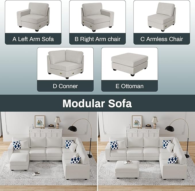 L Lengend Vansen Modular Sectional Sofa U Shaped Couch with Ottoman Modern Reversible Corner Sectional Couch for Living Room (Cream, U Shaped Sofa-2)-CasaMuseHome