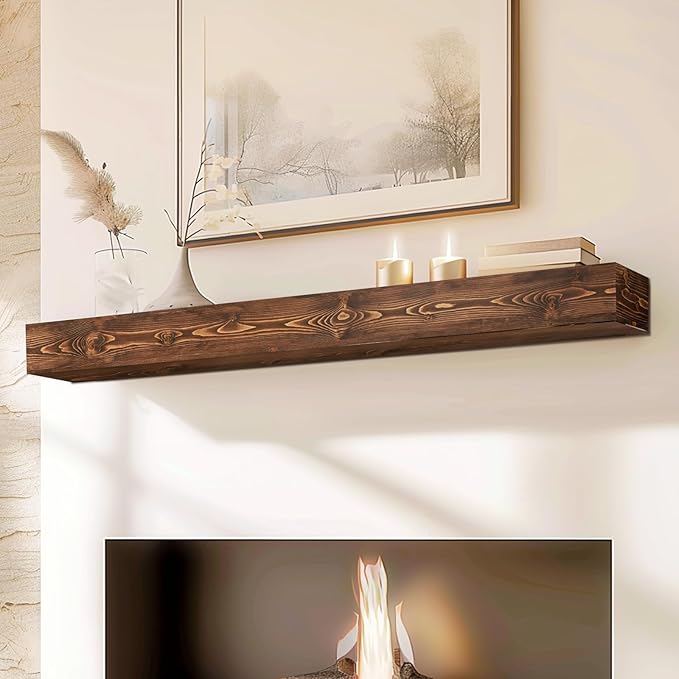 60x8x5 Fireplace Mantel - Handcrafted Hollow Rustic Solid Wood Wall Mounted Floating Shelf with Invisible Heavy Duty Wood Bracket (Weathered Brown)-CasaMuseHome