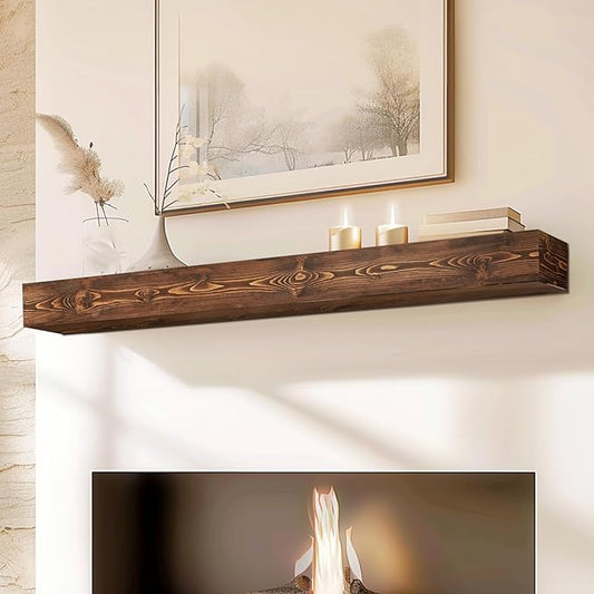 60x8x5 Fireplace Mantel - Handcrafted Hollow Rustic Solid Wood Wall Mounted Floating Shelf with Invisible Heavy Duty Wood Bracket (Weathered Brown)-CasaMuseHome