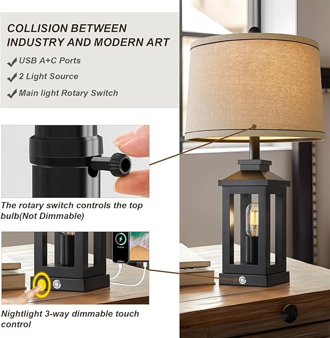 23.75" Retro Farmhouse Black Table Lamp for Living Room Bedroom Nightstand Set of 2 Touch Control Bedside Nightlight Vintage Modern Lamp with USB C+A Ports and 2 Light Sources-CasaMuseHome