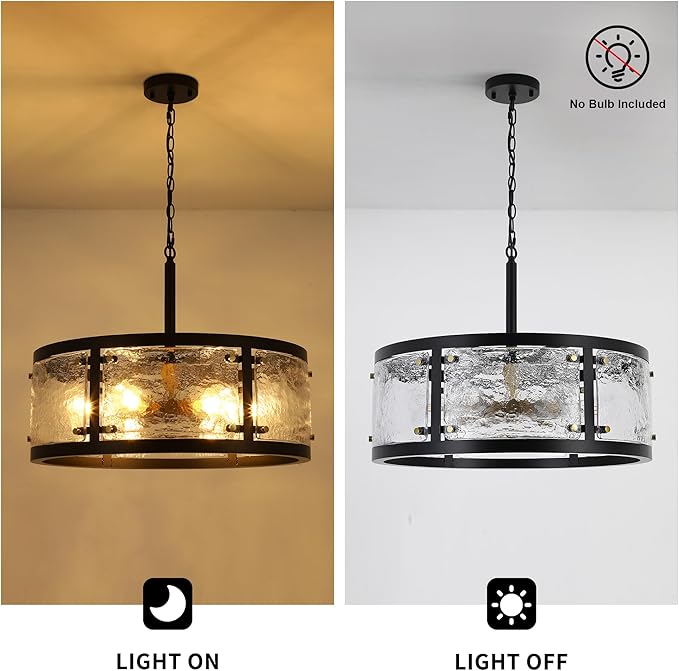 23.6" Large Farmhouse Drum Black Chandelier, 6-Light Vintage Round Glass Chandeliers for Dining Room, Industrial Light Fixture for Kitchen Living Room Stairwell, Clear Waterglass Drum Shade-CasaMuseHome