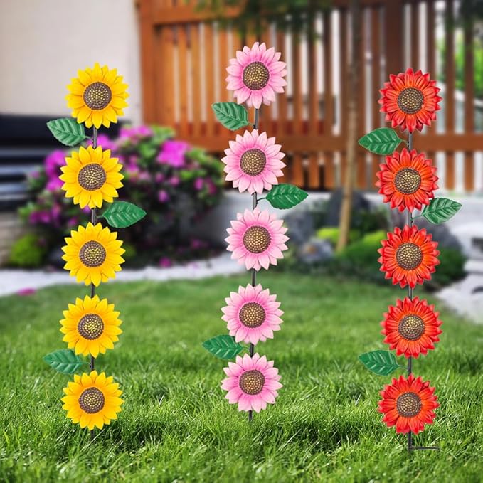 3 Pack Sunflowers Garden Stakes Decor,Metal Yard Art Decorative Garden Stakes,Metal Flowers Spring Garden Decor for Outside,Landscape,Patio(22.6 * 4.7IN)-CasaMuseHome