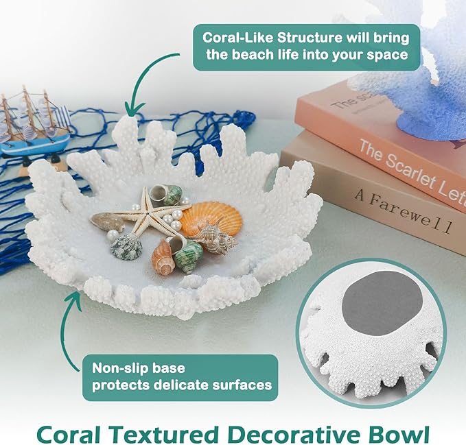 Accessoryway White Coral Textured Decorative Bowl,9.45" Medium Resin Decorative Centerpiece Bowl for Coastal Beach theme house table centerpiece decorations & Nautical decorations for coffee table-CasaMuseHome