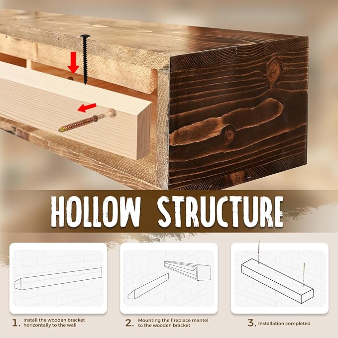 72x8x5 Fireplace Mantel - Handcrafted Hollow Rustic Solid Wood Wall Mounted Floating Shelf with Invisible Heavy Duty Wood Bracket (Weathered Brown)-CasaMuseHome