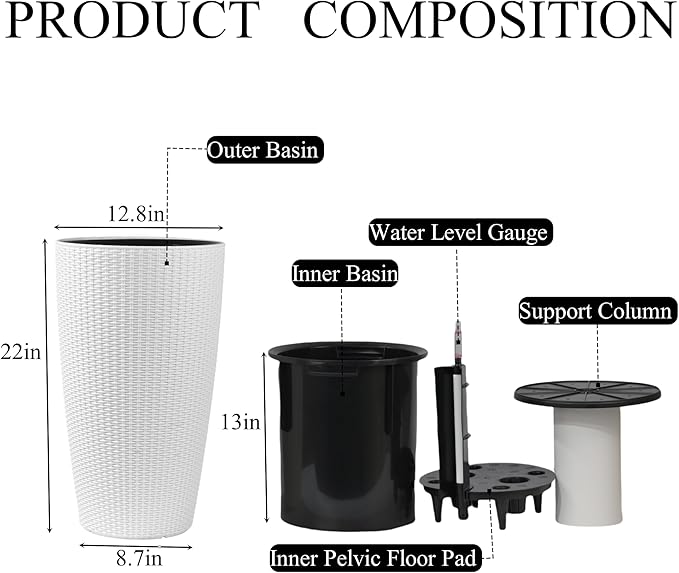 2Pack 22" High Modern Plant Pots Planter-Self-Watering Indoor/Outdoor Planting with Drain Holes, Water Level Monitor, Inner Bucket for Front Porch Patio, White Rattan Conical-CasaMuseHome