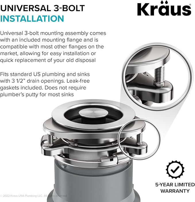 KRAUS® WasteGuard™ High-Speed 1/2 HP Continuous Feed Ultra-Quiet Motor Garbage Disposal with Power Cord and Flange Included and Universal Mount
