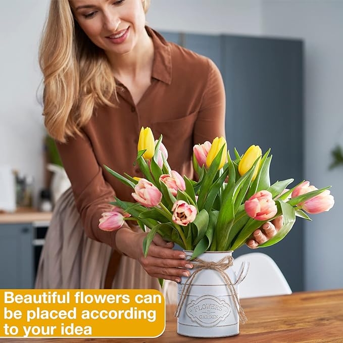 6 Inch Farmhouse Vase Decor Milk Can Vintage Flower Jug Galvanized Metal Vase with Handle Rustic Flower Buckets for Thanksgiving Christmas Table Centerpiece Weddings Gifts(Retro White,16 Pcs)-CasaMuseHome