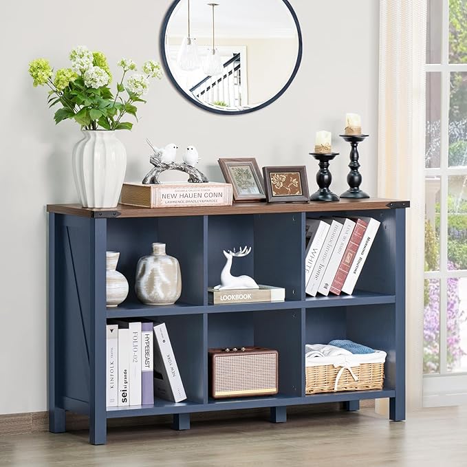 6 Cube Bookcase, Farmhouse Wood Low Storage Organizer Book Shelf, 47" Horizontal Navy Blue Console Bookshelf with Legs, Hallway Book Case for Entryway, Display Cabinet for Living Room, Office-CasaMuseHome