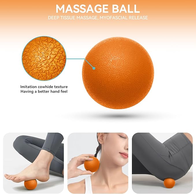 5 in 1 Foam Roller Set for Deep Tissue Muscle Massage, Trigger Point Fitness Exercise Foam Roller, Massage Roller, Massage Ball, Stretching Strap, for Whole Body (Orange Black)-CasaMuseHome