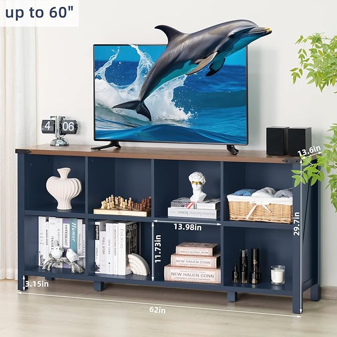 8 Cube Book Shelf, Farmhouse Wood Long Storage Organizer Bookcase, 62" Horizontal Navy Blue Console Closet Bookshelf, Hallway TV Stand for Entryway, Display Cabinet Book Case for Living Room-CasaMuseHome