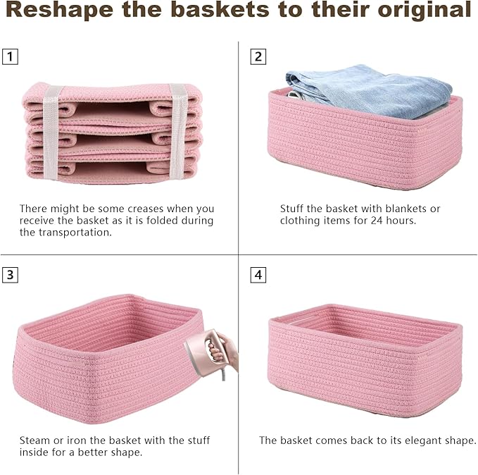 3 Pack Small Storage Baskets for Organizing, Cute Woven Decorative Gift Baskets for Shelves, Mini Closet Organizer Bins with Handles, 11.81''Lx7.87''Wx4.72''H-Pink-CasaMuseHome