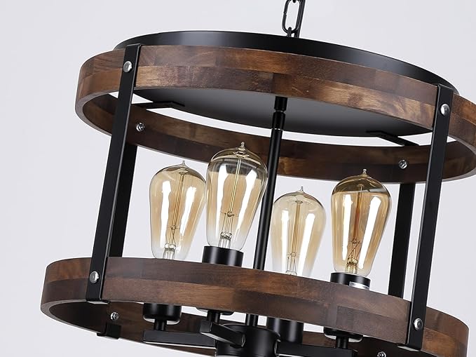 4-Light Large Rustic Farmhouse Plug in Pendant Light Fixture with Adjustable Chain, Dimmable Switch, 16.5 inch Oak Wood Drum Hanging Lamp for Dining Room Living Room Farmhouse Entry, Black-CasaMuseHome