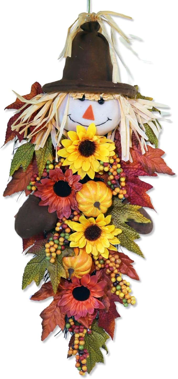 24" Rustic Fall Scarecrow Teardrop Swag – Farmhouse Sunflower & Pumpkin Wreath – Autumn Harvest Hanging Decor for Front Door, Wall, Porch, Indoor/Outdoor-CasaMuseHome