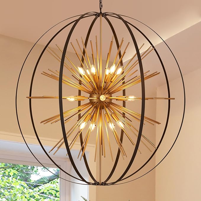 43.3" Black Gold 18-Light Globe Sputnik Chandelier Modern Adjustable Hanging Ceiling Firework Pendant Light Fixture for Entryway Foyer Stairway Kitchen Dining Living Room Hallway-CasaMuseHome