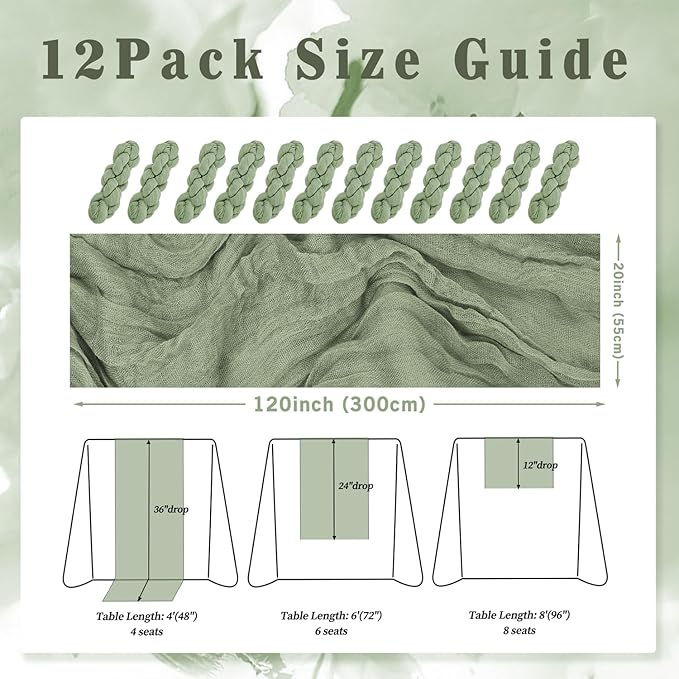12 Pack Sage Green Cheesecloth Table Runner 10FT Rustic Gauze Fabric Cheese Cloth Table Runner for Wedding Bridal Baby Shower Table Decor 20 x 120 Inch Long Boho Sheer Birthday Party Table Decorations-CasaMuseHome