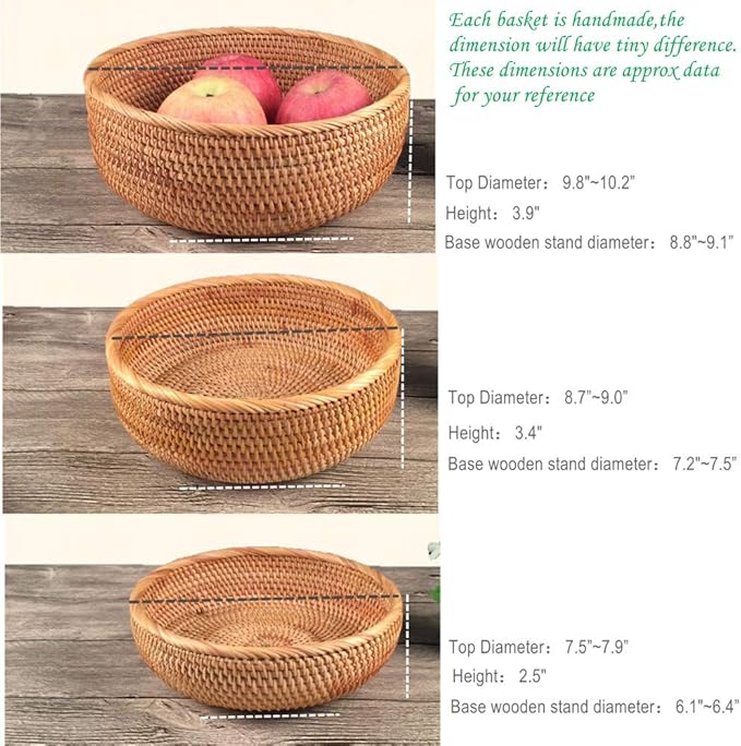 3 Pack Hadewoven Round Rattan Fruit Basket Wicker Food Tray Weaving Storage Holder Dinning Room Bowl, 10 Inch Small Wicker Basket Serving Tray Woven Basket for Bread,Snack,Brown(3-Size Kit)-CasaMuseHome