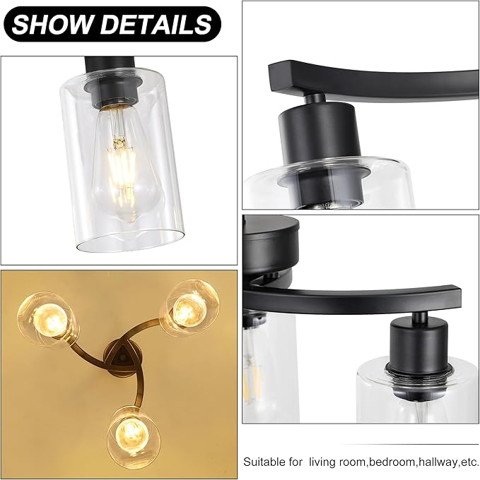 3-Light Modern Farmhouse Black Pendant Lights Kitchen Island, Adjustable Height Contemporary Chandeliers for Dining Room Light Fixture Hanging, Clear Glass Shade-CasaMuseHome
