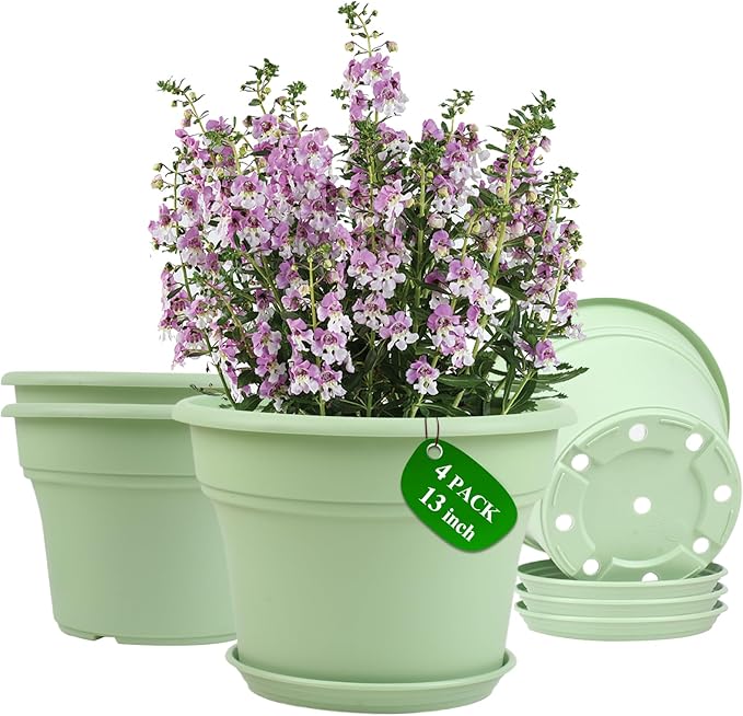 13 Inch Plastic-Flower-Pot-for-Indoor-Plants, 4 Pack Large Outdoor Planter Pot with Drainage Holes & Saucers, Resin Decorative Garden Pots Planters-CasaMuseHome