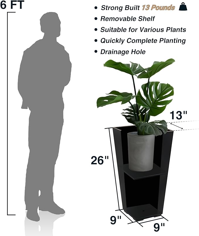 26 Inch Planter Tall Tapered Planter for Front Porch, Patio, Deck, Garden Indoor/Outdoor Tree Planters, Set of 4, Black with Copper Hand Brushed Rim-CasaMuseHome