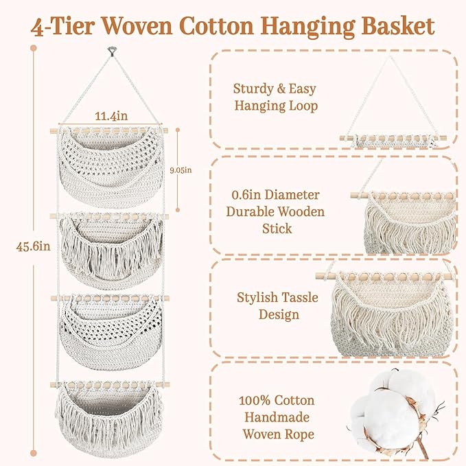 4 Tier Hanging Fruit Basket for Kitchen, 4 Pack Detachable Cotton Crocheted Wall Hanging Baskets Shelf Over Door Organizer for Fruit Veggie Plant, Hanging Storage Basket for Bathroom Bedroom(Beige)-CasaMuseHome
