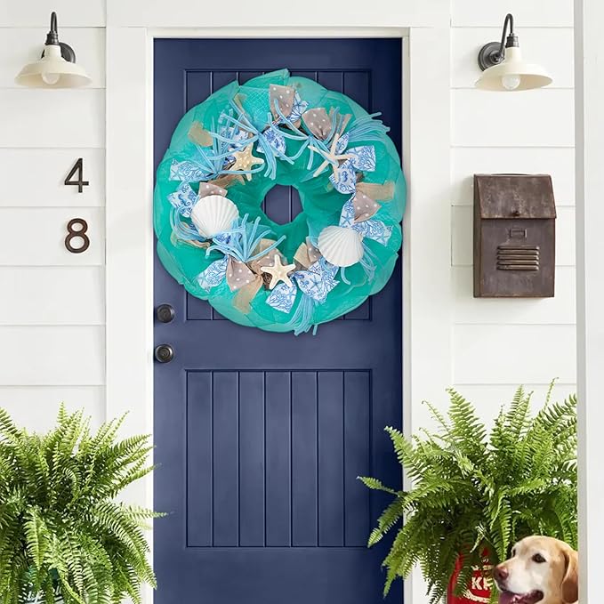 26 Inch Coastal Seashell Large Wreath with Natural Starfish & Scallops Shell, Lake Blue Beach Style Front Door Wreath with for Spring Summer, Farmhouse Rustic Indoor Outdoor Home Wall Wedding Decor-CasaMuseHome