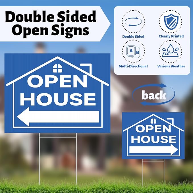 44 Pcs Open House Signs for Real Estate Agent Supplies, Double Sided Open House Flag Kit for Outside, 7.6 x 5.4 Ft Blue Banner Flag Poles Set with Directional Arrows Yard Sign Stakes Balloons-CasaMuseHome